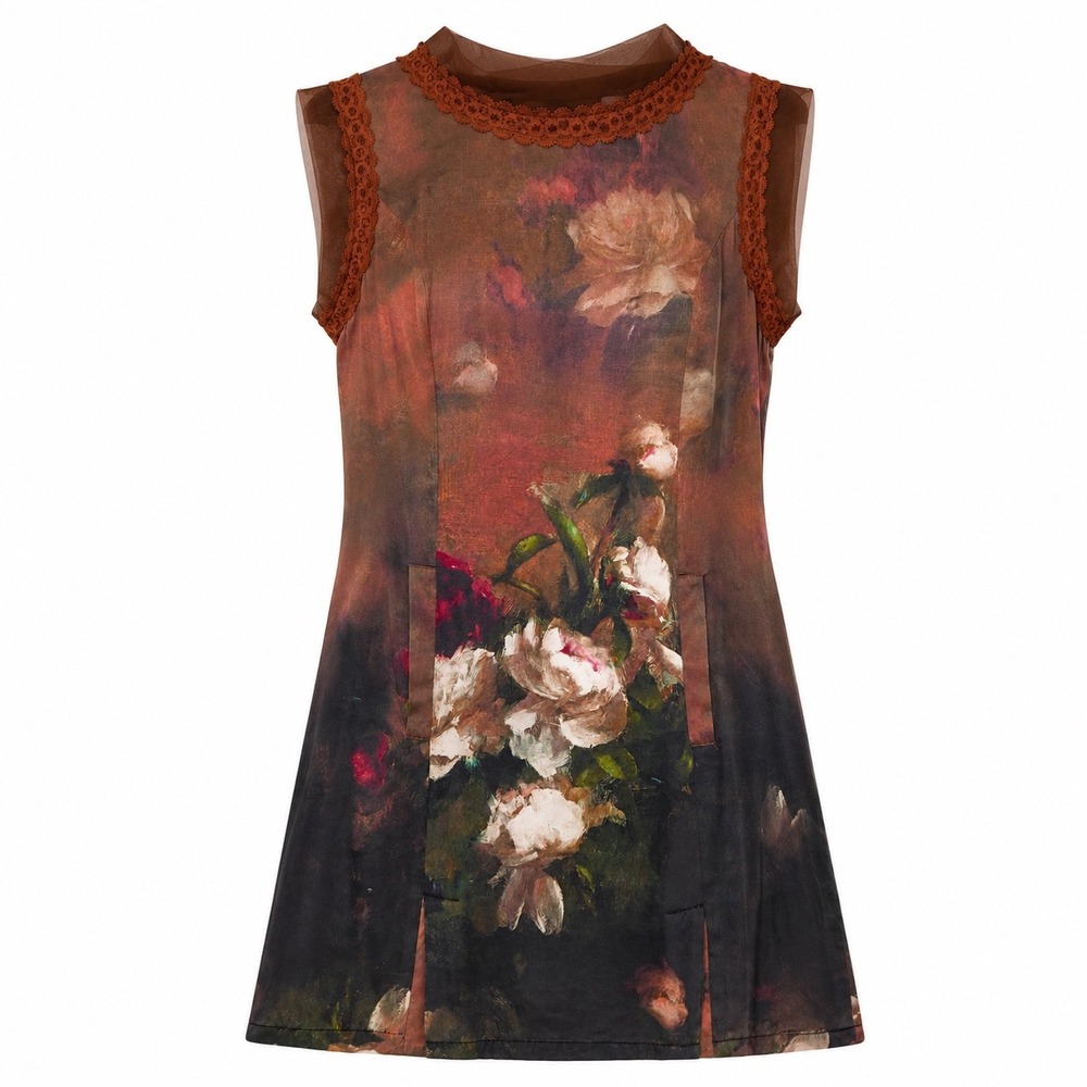 Mulberry Silk Floral Peony Print Sleeveless Tunic Top Lace Trim Sheer Mesh Small